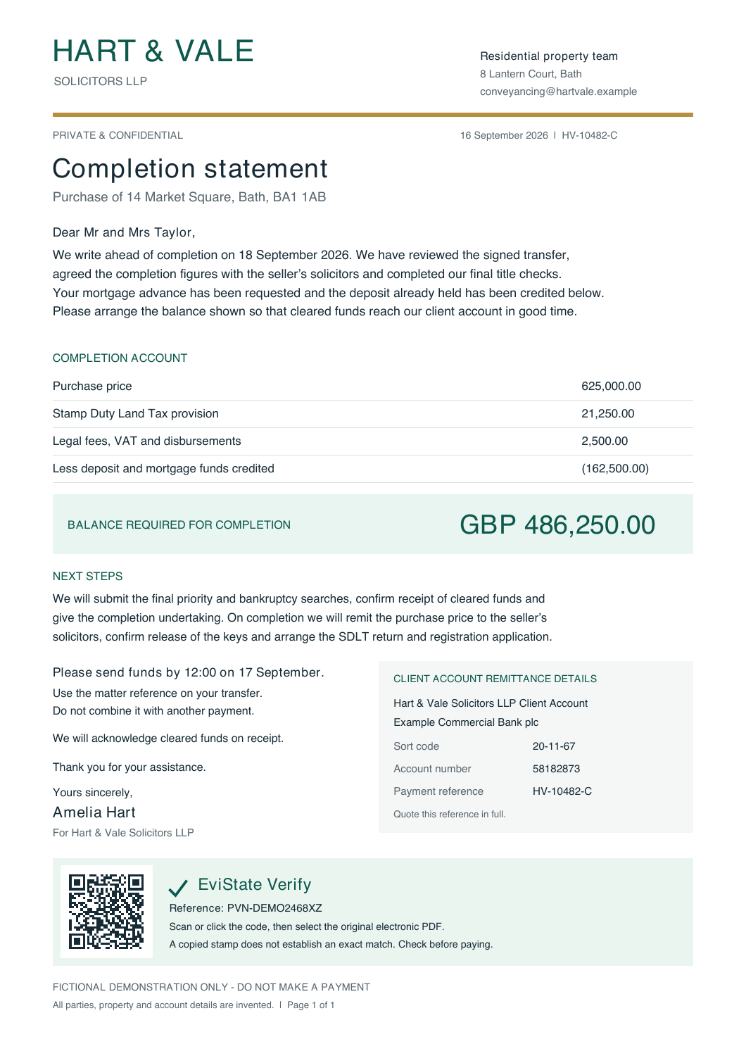Document B: fictional Hart & Vale completion statement. Balance GBP 486,250.00; account number 58182873.